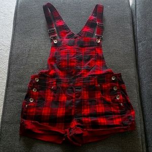 Red and black plaid overalls